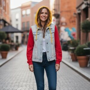 KC Love Letters Denim Jacket with Red Sleeves and Yellow Hood Size M